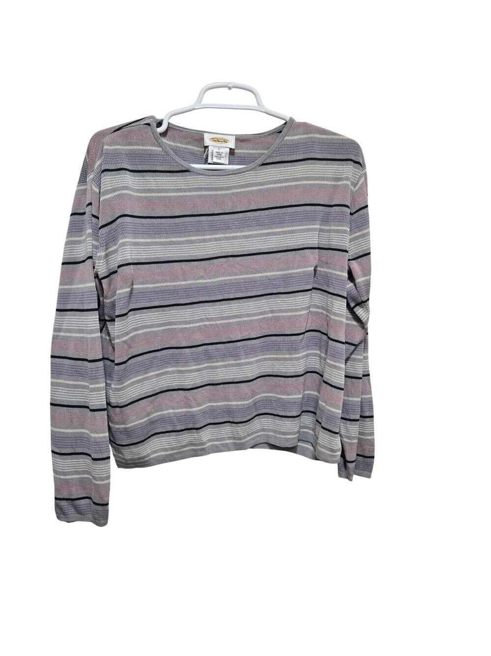 Talbots 100% Silk Gray Pink Stripe Lightweight Sweater Large